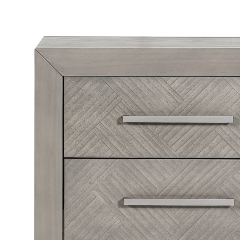 Crescent Gray Herringbone 2-Drawer Nightstand with Metal Pulls