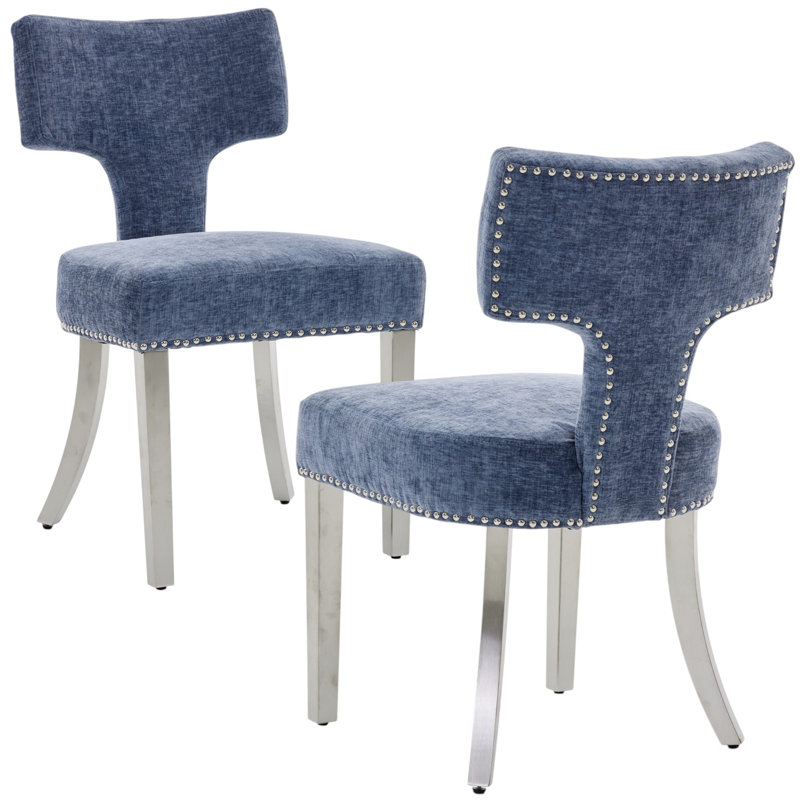 Mid Century Upholstered Dining Chairs Side Chairs Farmhouse Chenille Dining Chair With Metal Legs, Silver, Blue