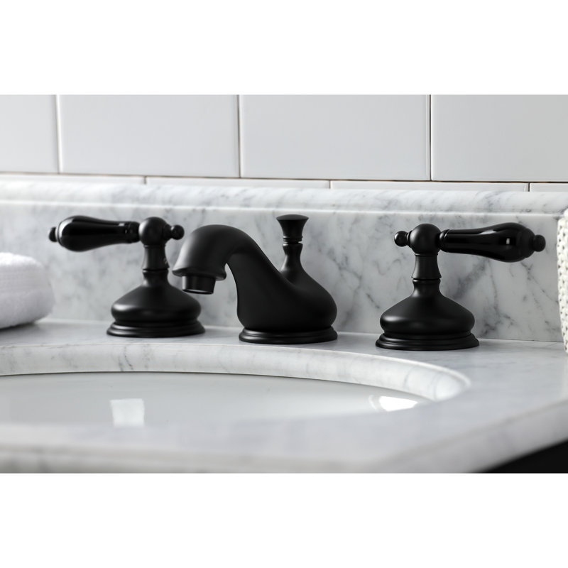 Kingston Brass Duchess Two-Handle 3-Hole Deck Mount Widespread Bathroom Faucet with Brass Pop-Up Drain, Matte Black
