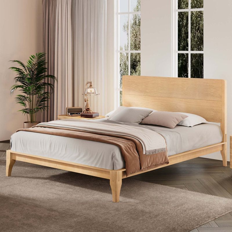 Lit plateforme Mid-Century moderne en bambou avec support en métal et assemblage facile, Natural