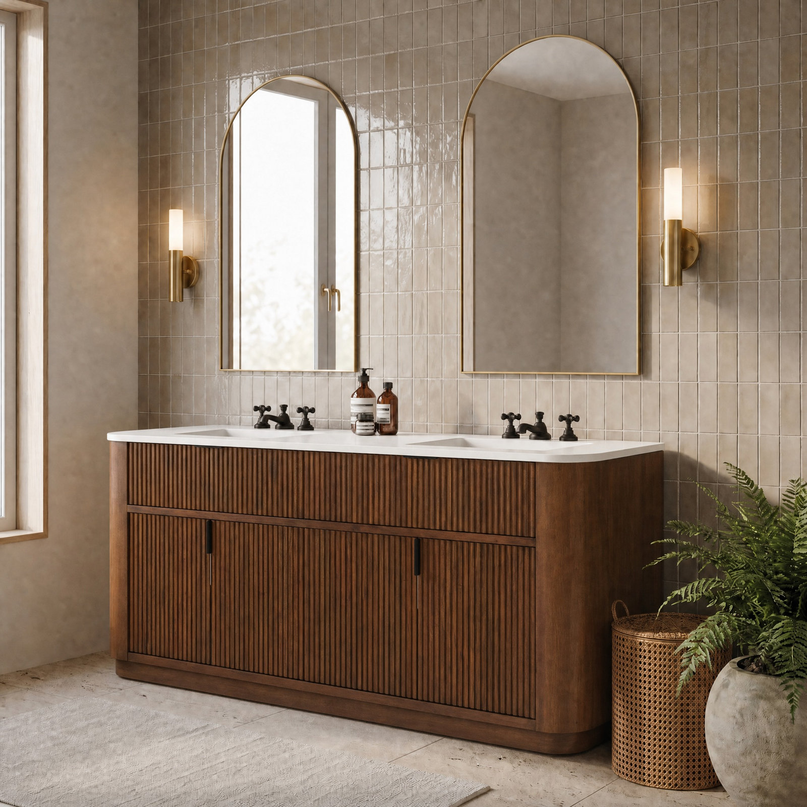 Bellawyn Oak Fluted Bathroom Vanity with Quartz Top, 72"W
