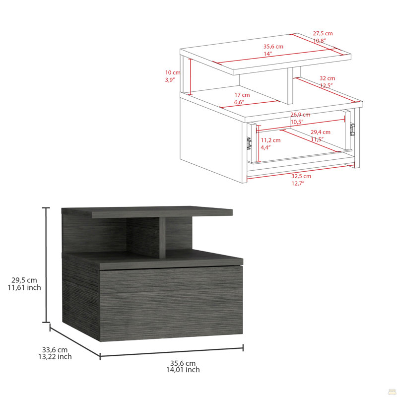 Table de chevet suspendue, avec un tiroir et deux petites Ã©tagÃ¨res en dessous, Smoke Gray