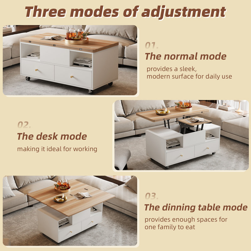 Alodi Lift Top Coffee Table With Wheels, 4 drawers 2 lifting platforms, Natural Wood