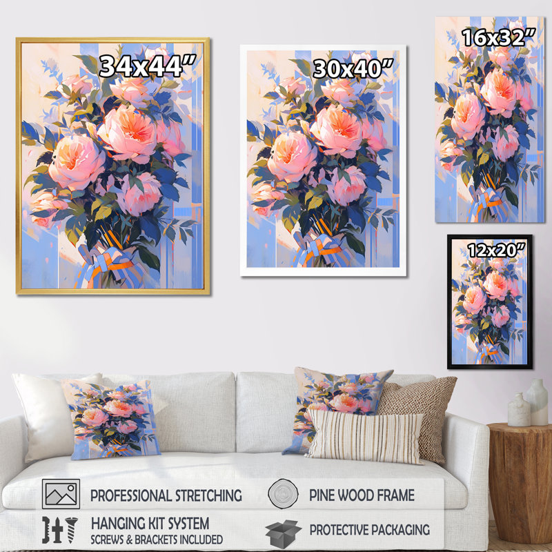 Peony Whisperes Bouquet - Peony Wall Art Living Room, Cadre photo blanc, H 20 po x l 12 po x P 1 po
