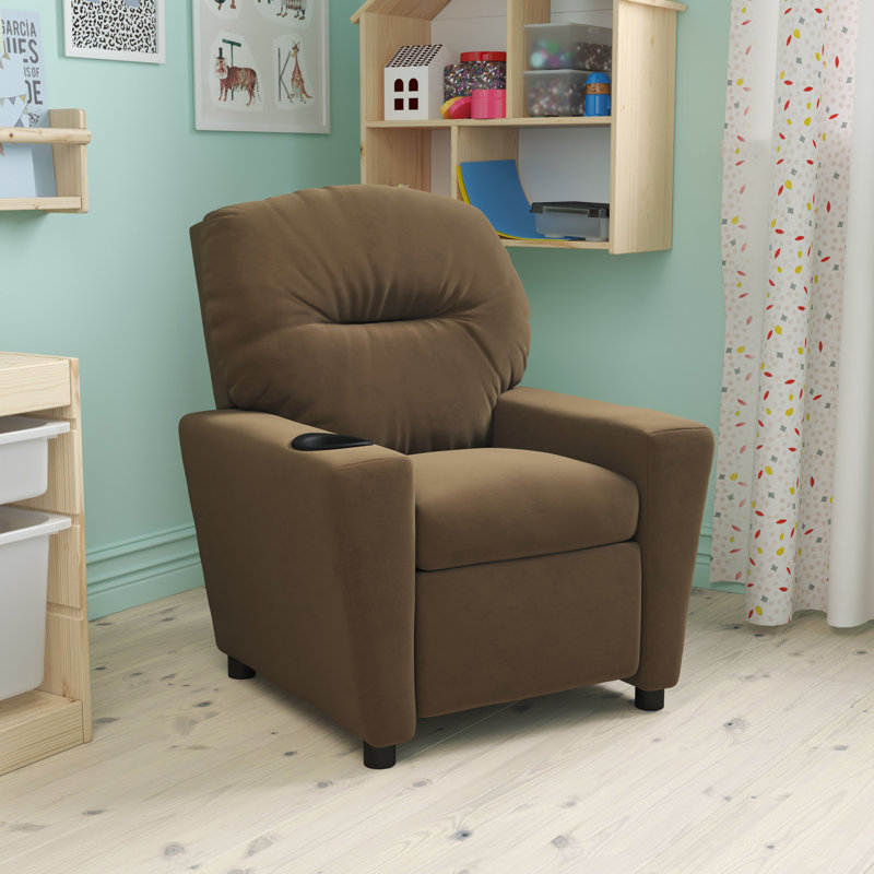 Contemporary Kids Recliner with Cup Holder, Microfiber - Brown