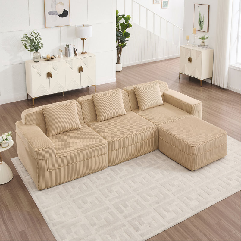 Canapé modulaire modulaire en L à 3 places sans os, canapé modulaire Cloud avec assise profonde, canapé modulaire moderne à 3 places avec coussins décoratifs et 1 repose-pieds mobile, tissu velours côtelé rose