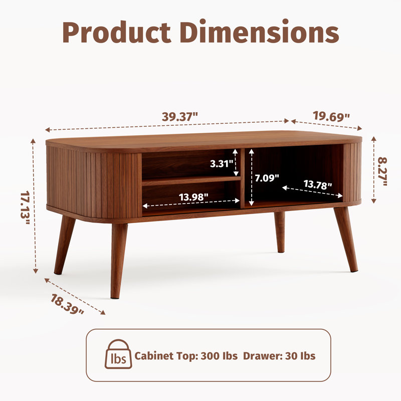 Table basse ovale moderne de 39,37 po de largeur avec pieds fuselés et compartiment de rangement à lattes