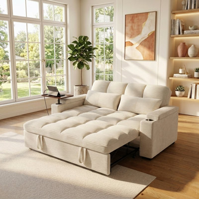 Canapé-lit convertible 65 po avec lit escamotable, causeuse avec table d'appoint et ports de chargement USB, beige