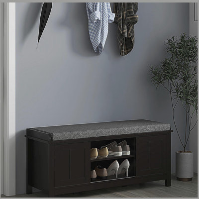Shoe Bench Storage Ottoman with Sliding Doors, Adjustable Shelving, 6 Compartments, and Padded Seat