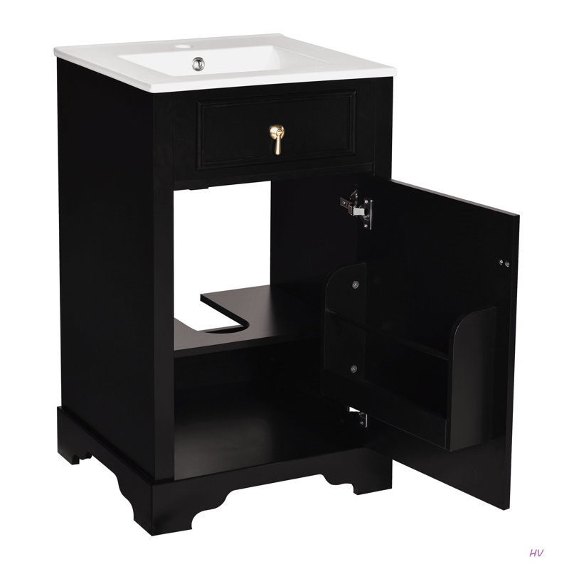 Meuble-lavabo de 20 pouces avec lavabo en céramique, porte à fermeture douce, tablette réglable et support de rangement fixé à la porte - idéal pour les petites salles de bain