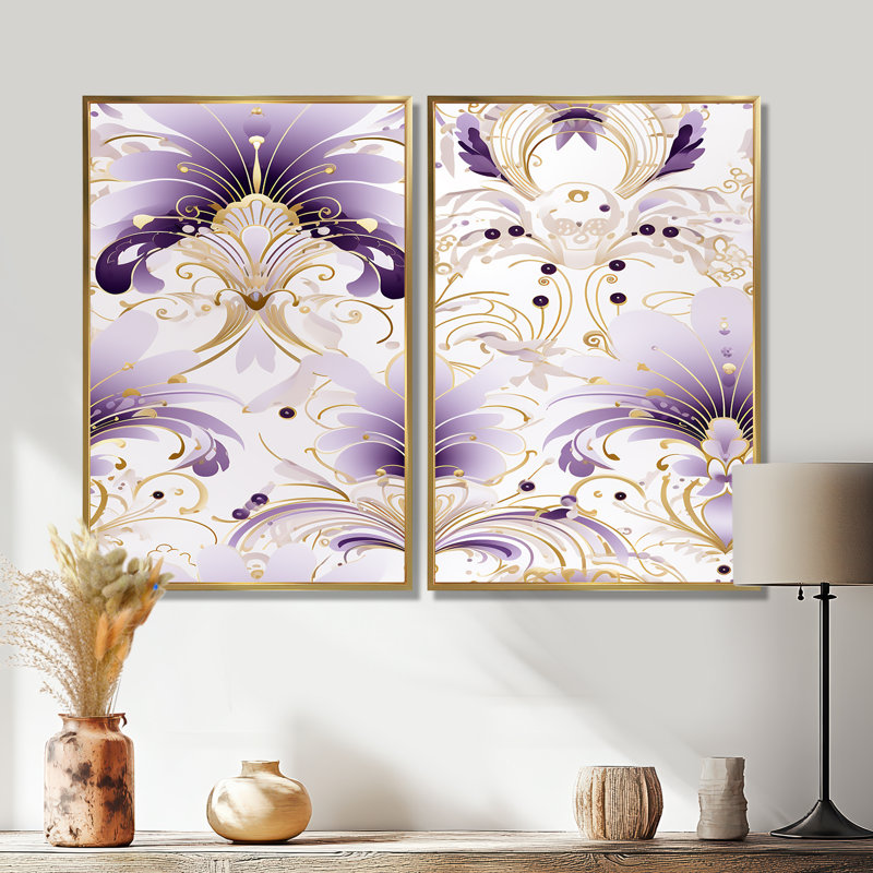 Damas mauve et blanc, motif Art déco - Damask, 36" H x 48" W, Impression encadrée flottante, Gold