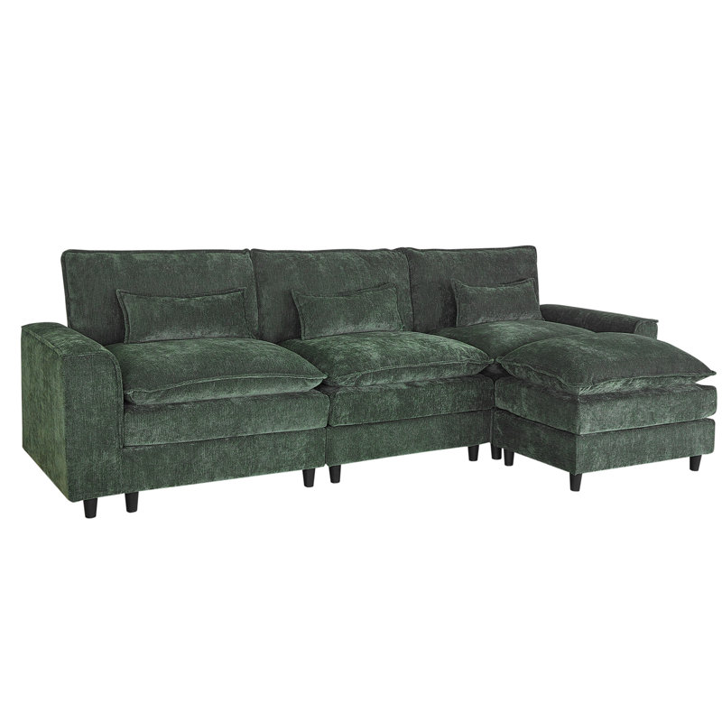 Convertible Sectional Sofa Couch, 4 Seat Sofa Set for Living Room L-Shaped Modular Sofa with Ottoman, Green Chenille