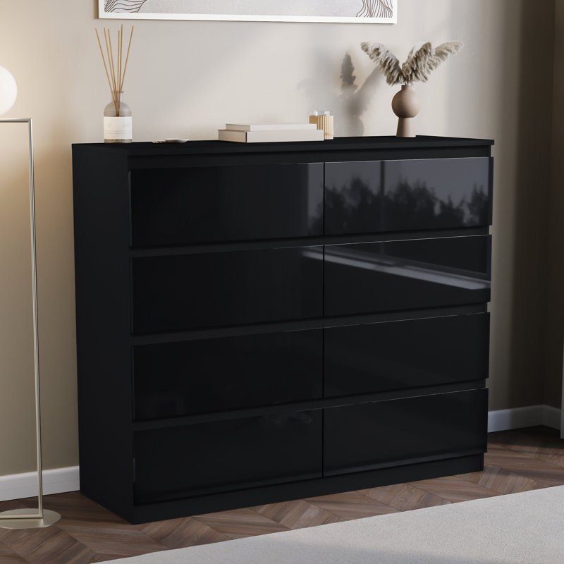 Oslo 8 Drawer High Gloss Chest, (FSC 100%) Bedroom Home Storage Furniture, Black