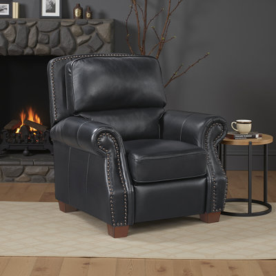 Southlake 40.5" Traditional Top Grain Leather Match Push Back Reclining Chair with Elegant Nailhead Trim & Solid Wood Feet