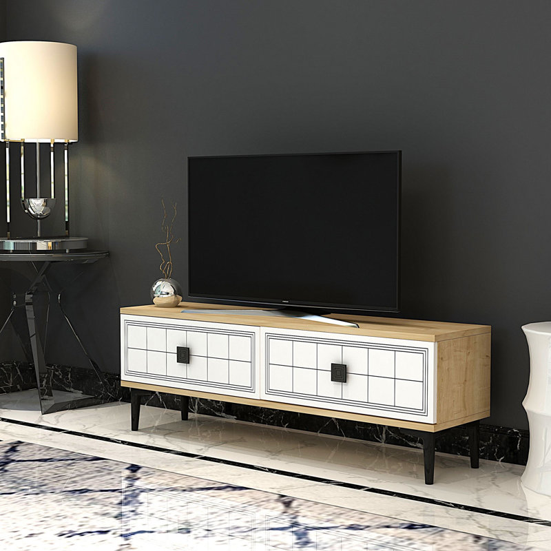Meuble télé moderne avec option de fixation murale, chêne saphir et blanc, 47,2 po x 16,1 po x 11,6 po | 100% panneau de particules enduit de mélamine, 0,7 po d'épaisseur | Conception géométrique élégante, parfaite pour le salon et les espaces de divertissement