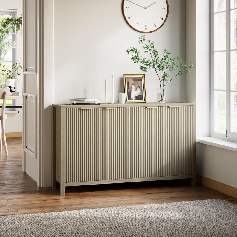 Buffet 59 "avec porte de grange coulissante, 3 tiroirs, tablette réglable et support à vin amovible, Naturel