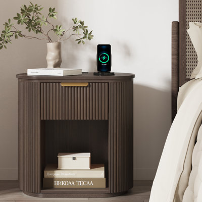 Reeded Nightstand With 1 Drawer, Open Shelf Storage Built-in Outlets USB Type-C Charging Station by Corrigan Studio