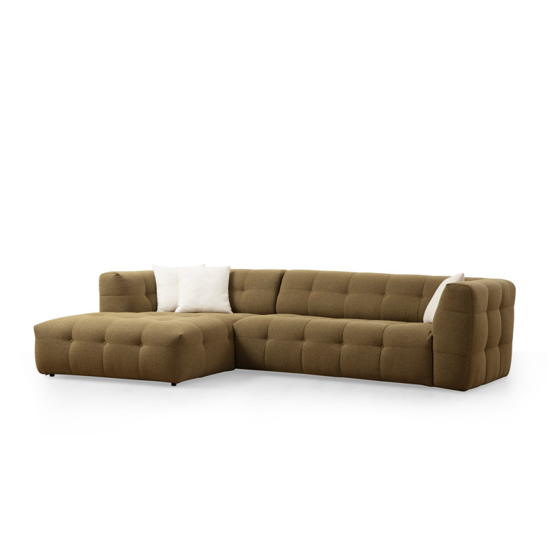 Stylish Corner Sofa, Khaki Fabric, 118 x 59 x 28.3 inches | Beech Wood & Chipboard Frame, 100% Polyester, 28 DNS Foam for Comfort | Fixed Cushions, Dry-Cleanable, Perfect for Living Room & Family Spaces