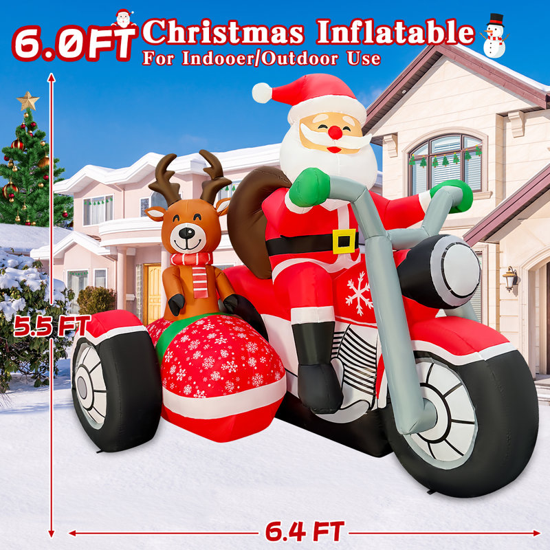 Père Noël et renne gonflables de Noël de 6 pi sur une moto à trois roues avec lumières DEL intégrées