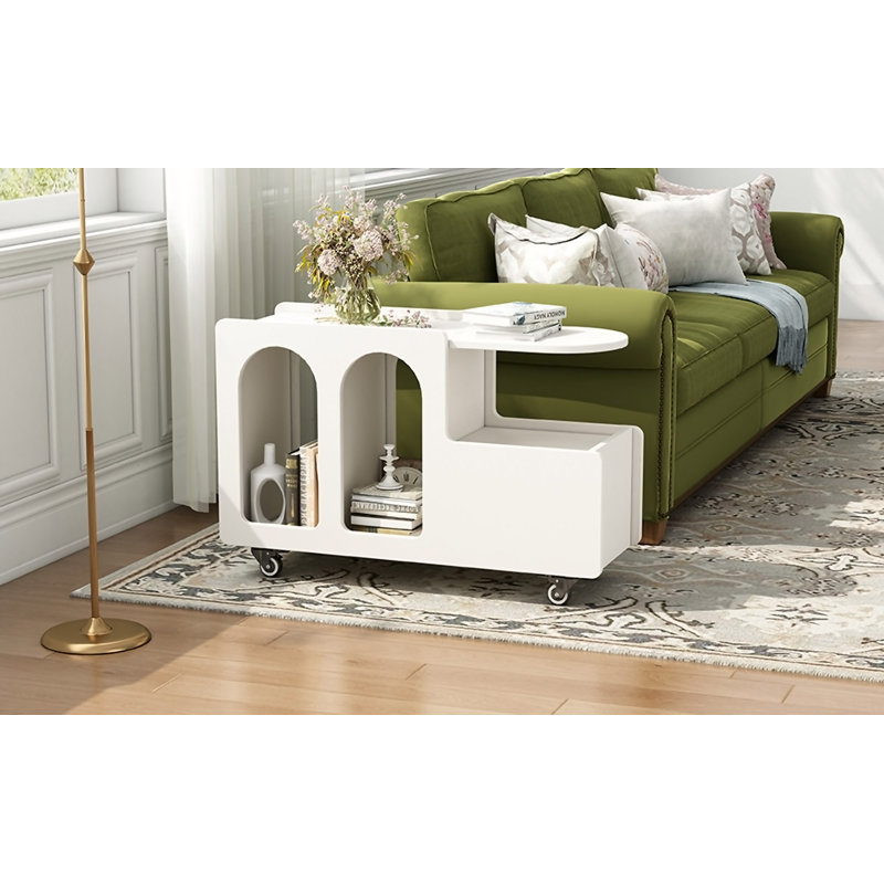 Mobile End Table With Lockable Wheels, Cream Style Side Table With Storage Drawer, 11.8Inch Narrow Nightstand With Multi-Layer Storage, Living Room