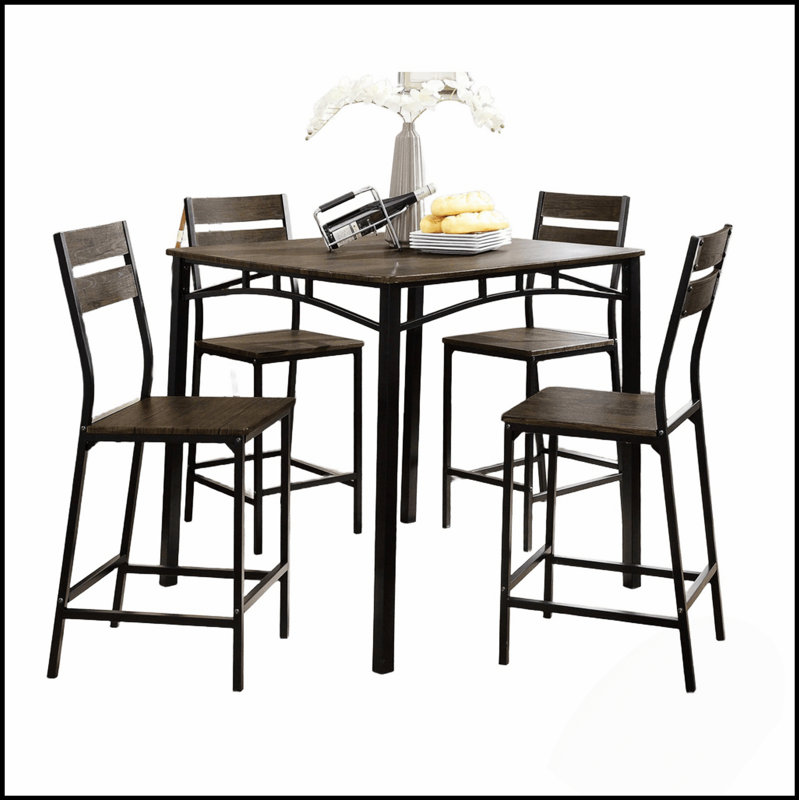 Ensemble de salle à manger de style industriel 5 pièces brun antique avec table à hauteur de comptoir et 4 chaises hautes, fabrication en métal durable