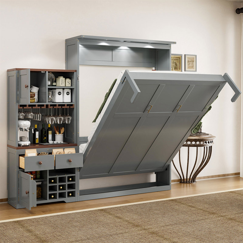Grand lit escamotable avec armoire de rangement, support à vin, porte-verre, tiroirs et bande DEL multicolore, gris