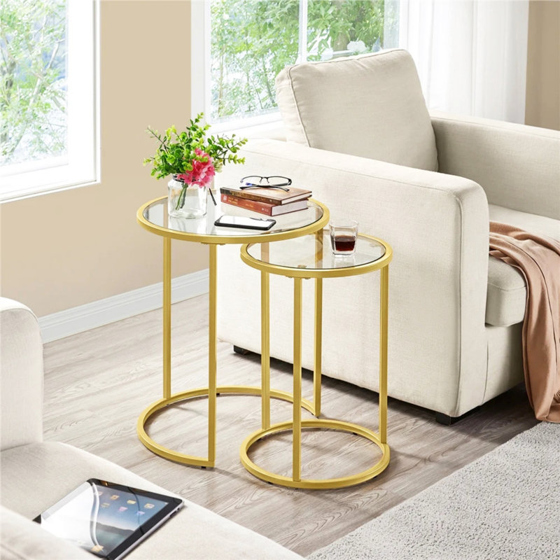 Round Metal Nesting End Table Set of 2 with Glass Top, Gold