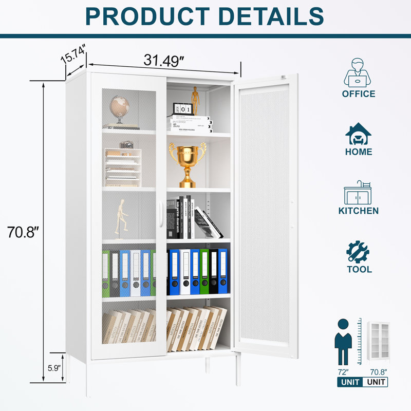 Armoire de rangement en métal avec deux portes en verre, Blanc