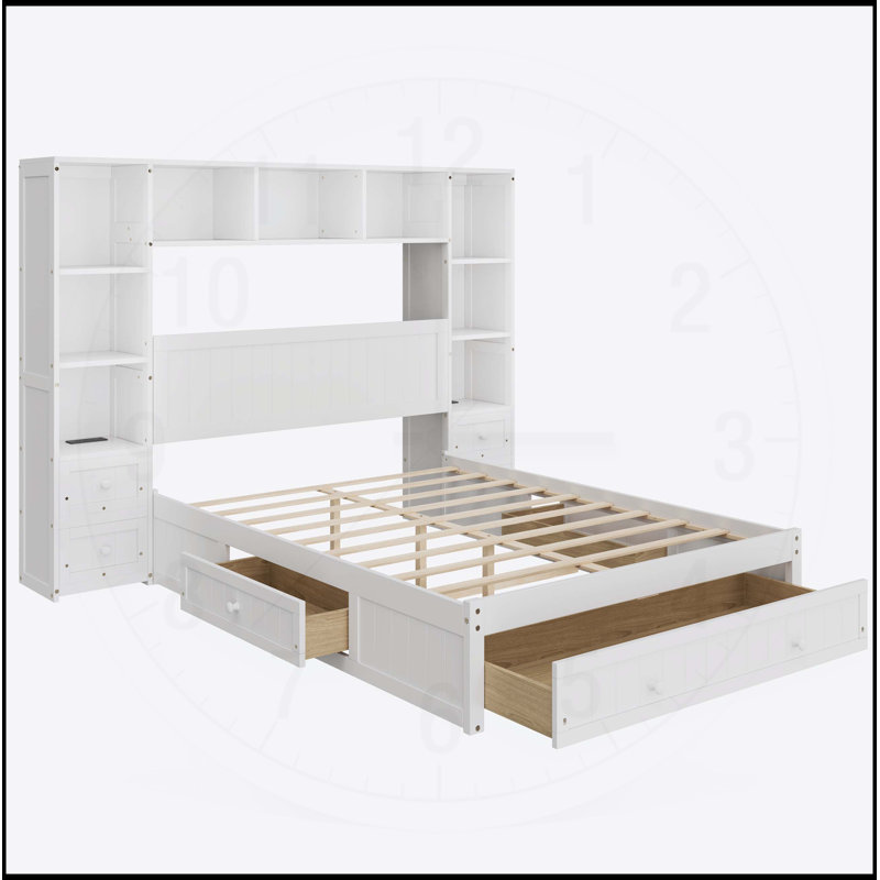Lit plateforme en bois de pin avec tables de chevet tout-en-un, stations de rangement et de chargement, aucun sommier nécessaire