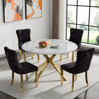 Round Dining Table Set, White Marble Dining Table & Velvet Dining Chairs with Stainless Steel Pedestal, 45" Dining Room Table and Chairs Set, Luxury D by House of Hampton