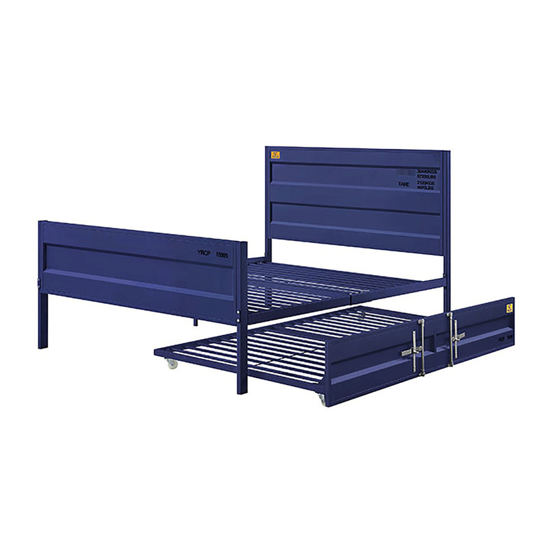 Lit double en métal pour chambre double avec touche industrielle, tête de lit rectangulaire chic, Bleu