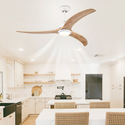52" Solid Wood Blades Ceiling Fan, Indoor Outdoor Ceiling Fan With Light with Remote Control, Noiseless Reversible Motor, 6 Speed ,3 Colour , for Patio Living Room, Bedroom, Office,Indoor.(Matte White)