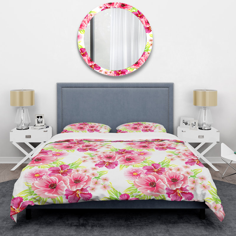 Fleurs roses et feuille verte - ensemble de housse de couette floral - microfibre de polyester