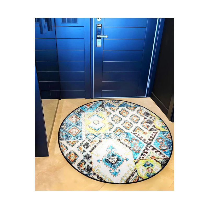 Blue Green Ethnic Patterned Woven Base Decorative Carpet, Round 4'