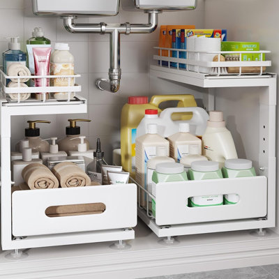 2-Pack 2-Tier Under Sink Organizers With Professional Ball-Bearing Rails, Adjustable Height, Pull-Out Metal Drawers for Kitchen and Bathroom, White