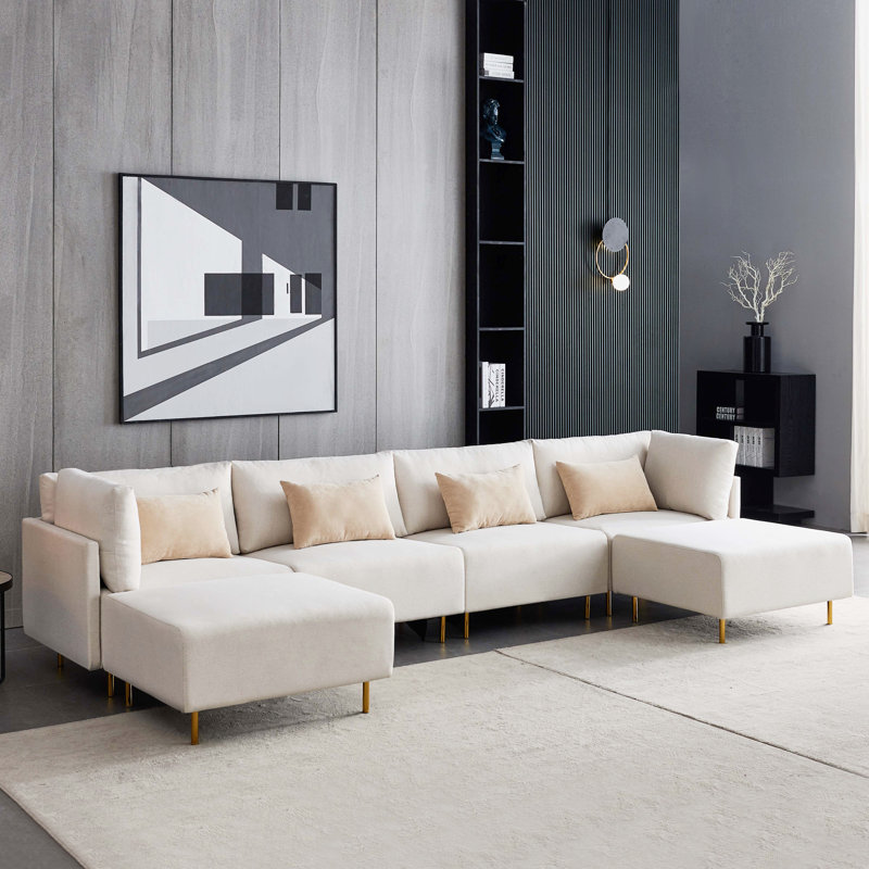 Canapé modulaire symétrique en lin avec repose-pieds 143,3 po Ceola, Polyester beige
