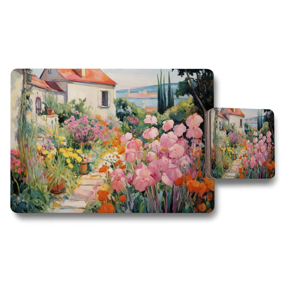 Floral Garden Placemat And Coaster Set With Colorful Bloom Design