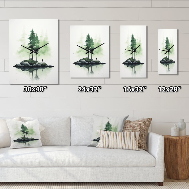 Pine Tree Island, aquarelle minimaliste vert tendre - paysage abstrait horloges murales, Médium