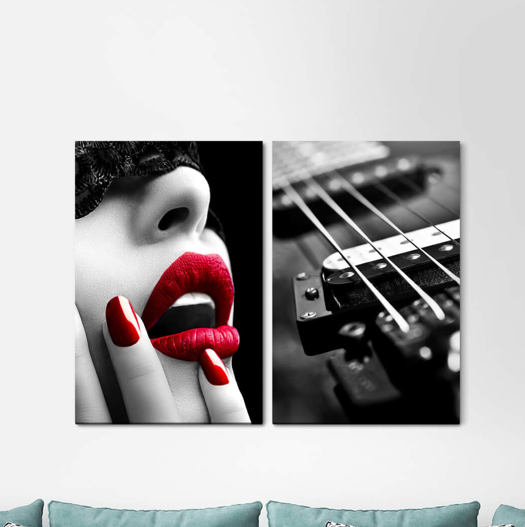 2-tlg. Leinwandbilder-Set Red Lips Guitar