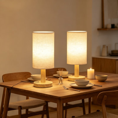 Ensemble de 2 lampes de table de chevet tactiles, alimentées par USB à gradation continue, base en bois minimaliste avec abat-jour en lin, veilleuse chaude 2700K pour la chambre à coucher, la chambre de bébé, le dortoir, la cuisine, les petits espaces, 5 W à DEL intégrées