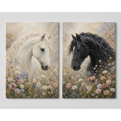 Très grand ensemble de 2 reproductions d'art mural sur toile à motif floral cheval rustique pour chambre à coucher, salon, bureau, impression sur toile 24 x 36 pouces - prêt à être accroché