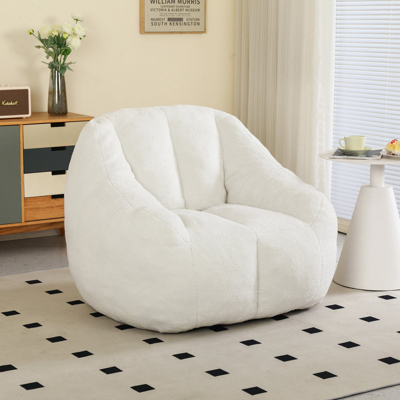 Compression Soft Teddy Fabric Tufted Memory Sponge Foam Filled Bean Bag Chair, White Teddy