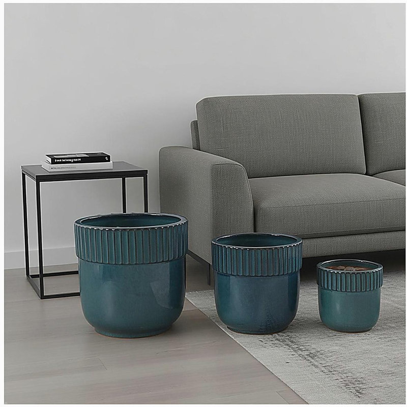 Handmade Glazed Ceramic Planter Set of 3, 15/12/9 Inch Diameter, Ribbed Pattern, for Monstera and Fiddle Leaf Fig Outdoor Garden & Indoor Staircase Use, Breathable Clay, Teal