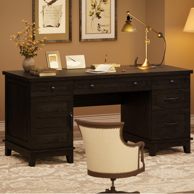 Bureau de direction Farmhouse 60 po - Bureau d'ordinateur en bois avec prises de courant, ports USB, classeur, tiroirs de rangement réglables et station de charge - parfait pour la maison ou le travail, noir