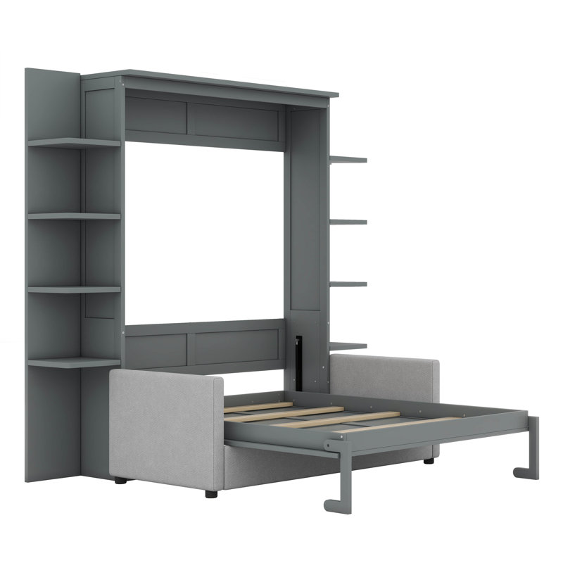 Grand lit escamotable Belote Alvan avec canapé et tablettes de rangement, Gris