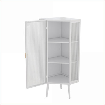 Cabinets, armoire de coin contemporaine blanc cassé à 3 niveaux avec portes en verre trempé et amp; Rangement, L 22,25 po x l 16,75 po x H 43,3 po | Verre et métal | Salle de bain