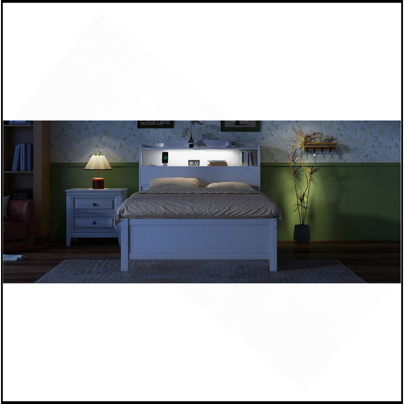 Lit plateforme à DEL avec lit gigogne, tête de lit avec rangement et tiroirs, Lit simple, Brun