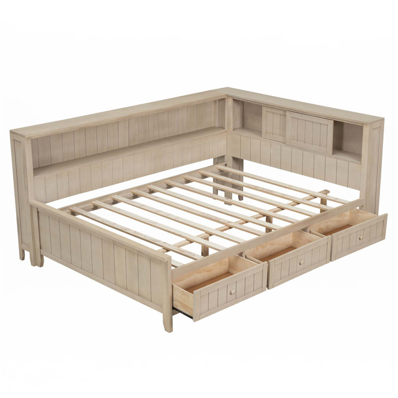 Lit de jour en bois avec tablettes de rangement et 3 tiroirs, Complet/Double