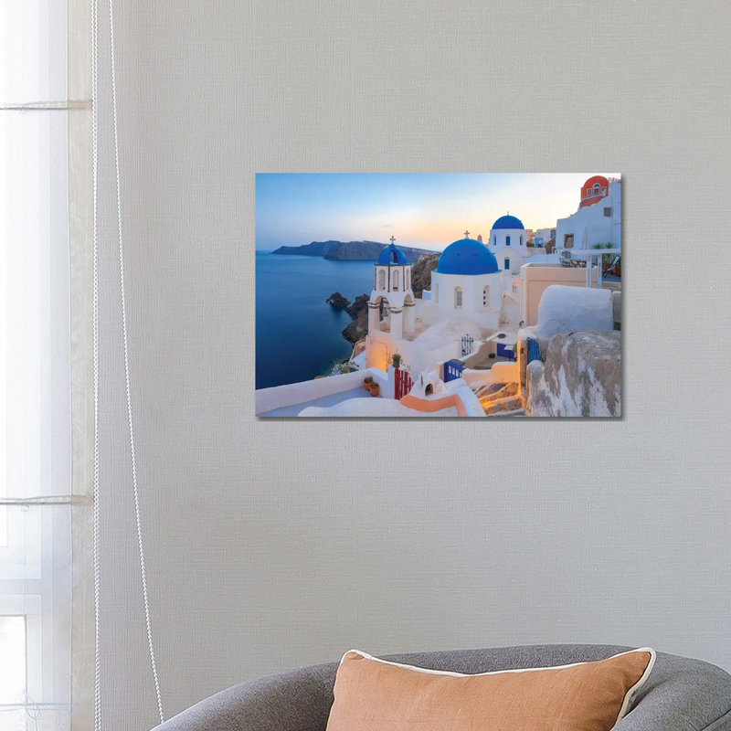 Greece, Santorini, Oia. Sunset On Coastal Town. by Jaynes Gallery - Wrapped Canvas Print, 66.04 cm H x 45.72 cm W