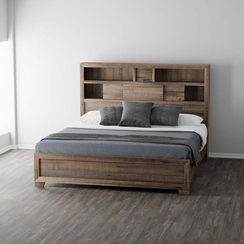 Kayna Rustic Bookcase Bed in Brown with USB Charging and LED Lights, Queen